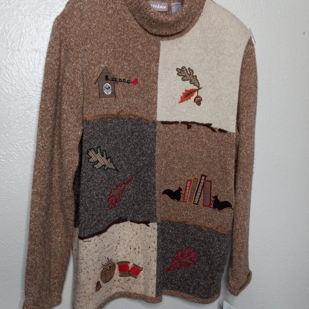 Vintage Tanjay Fall Leaves Knit Pullover Sweater Size L